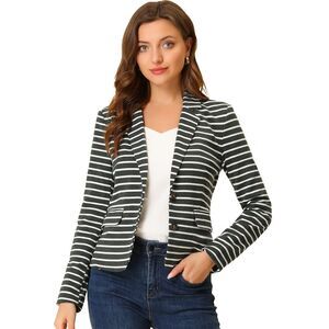 Notched Lapel Pocket Button Closure Striped Blazer Grey White